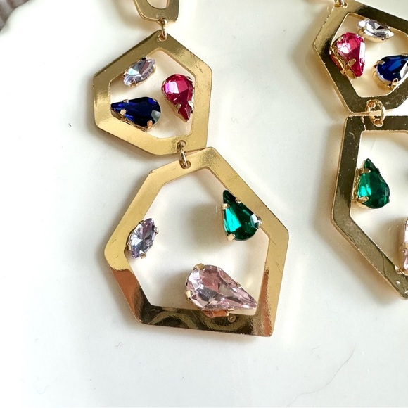 2/$30🌵 Gold Geo Multicolor Rhinestones Earrings Sparkle Large Jewelry Boho NEW - Picture 7 of 11